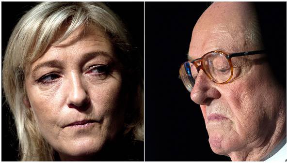 A combination made on April 10, 2015 shows files fictures of French far-right National Front (FN) party's president Marine Le Pen (L) taken on January 13, 2012 in Paris and Front National's honorary president Jean-Marie Le Pen (R) taken on May 15, 2014 in Vineuil. AFP PHOTO / JOEL SAGET / GUILLAUME SOUVANT        (Photo credit should read JOEL SAGET,GUILLAUME SOUVANT/AFP/Getty Images)