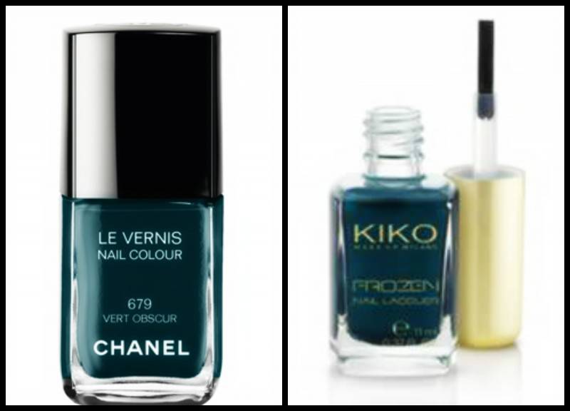 smalto Le Vernis Vert Obscur Chanel €.20.00 circa, smalto Frozen di Kiko €.7.00 circa