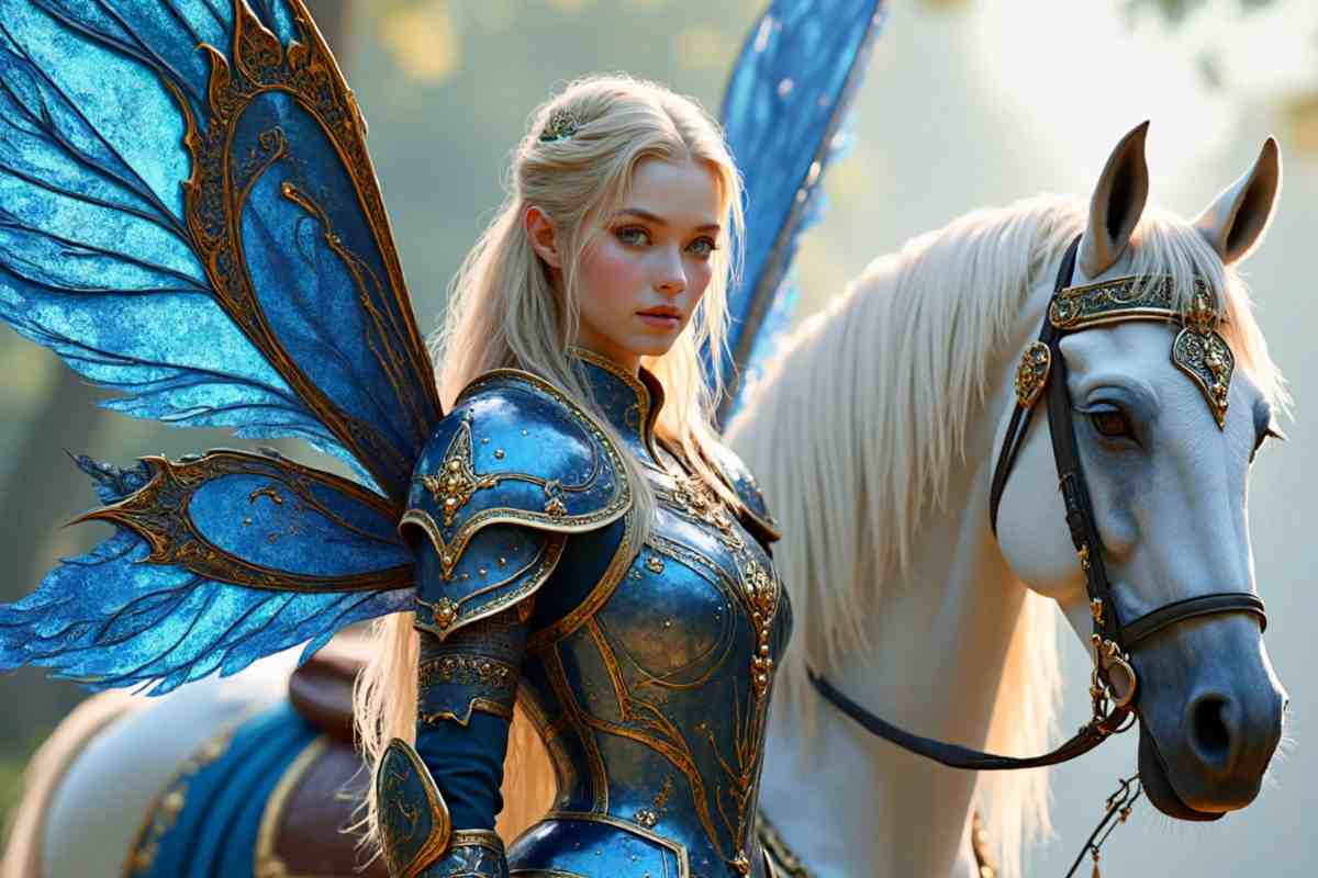 guerriera fantasy con armatura blu e cavallo bianco