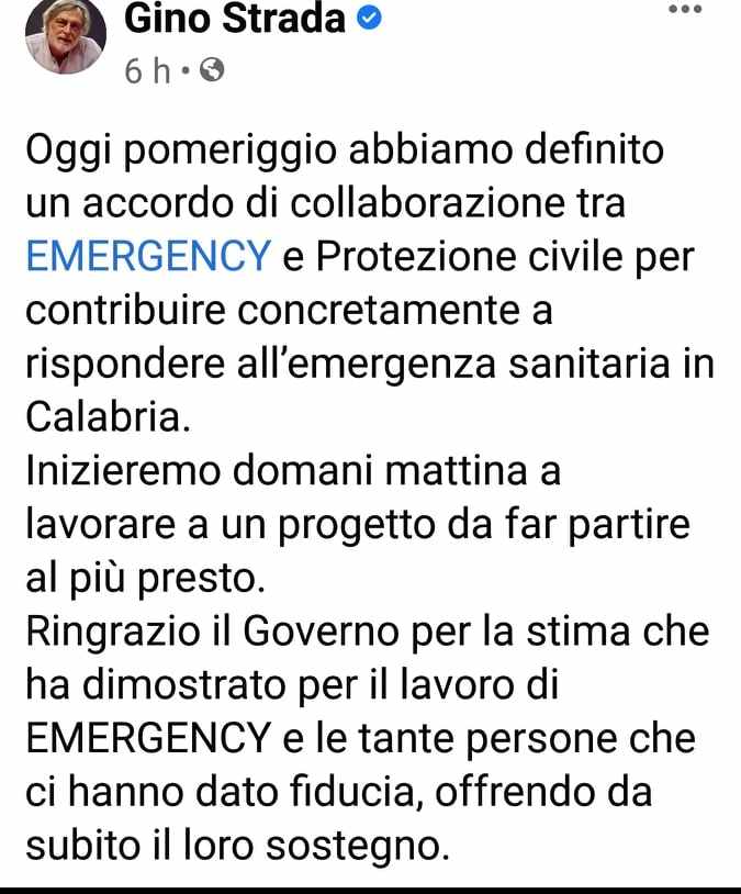 Gino Strada su accordo Emergency Protezione Civile Calabria 