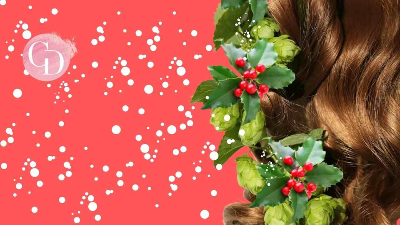 acconciatura per Natale ciocca di capelli con agrifoglio e neve 
