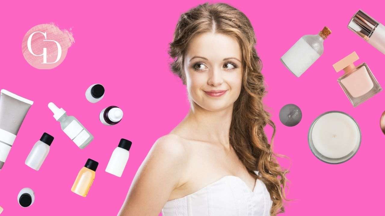 Skincare perla sposa giovane sposa con prodotti di bellezza 