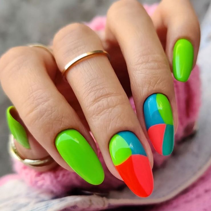 unghie color block fluo nail art