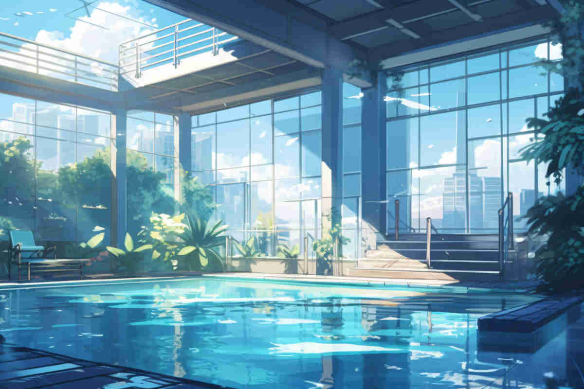 Veduta di una piscina interna con alberi e vetrate