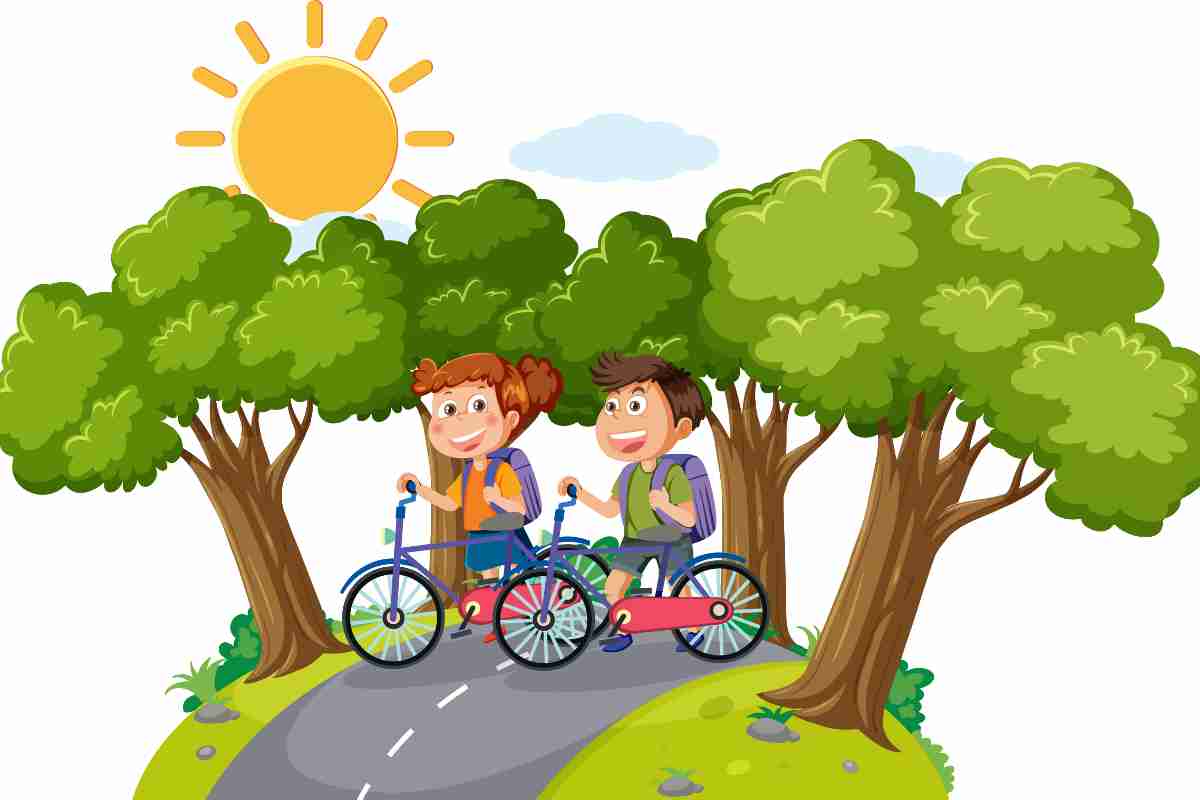 disegno di bambini in vacanza in bici tra gli alberi