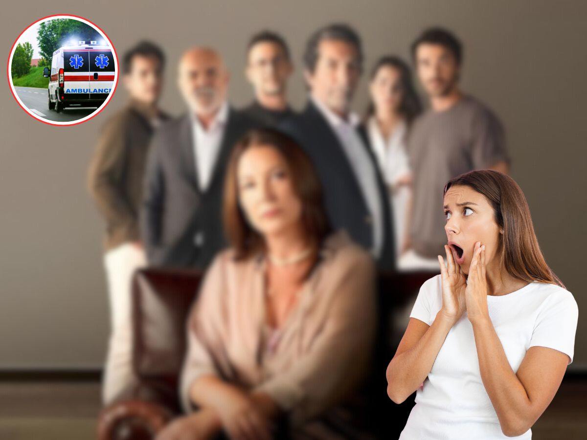 cast tradimento sullo sfondo, poi donna sorpresa e logo ambulanza in cerchio