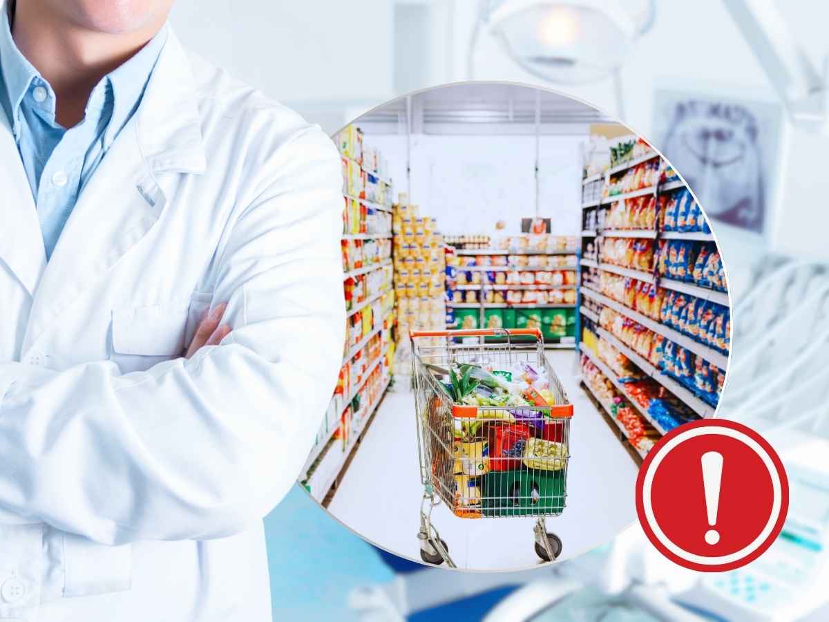 medico supermercato e punto esclamativo 