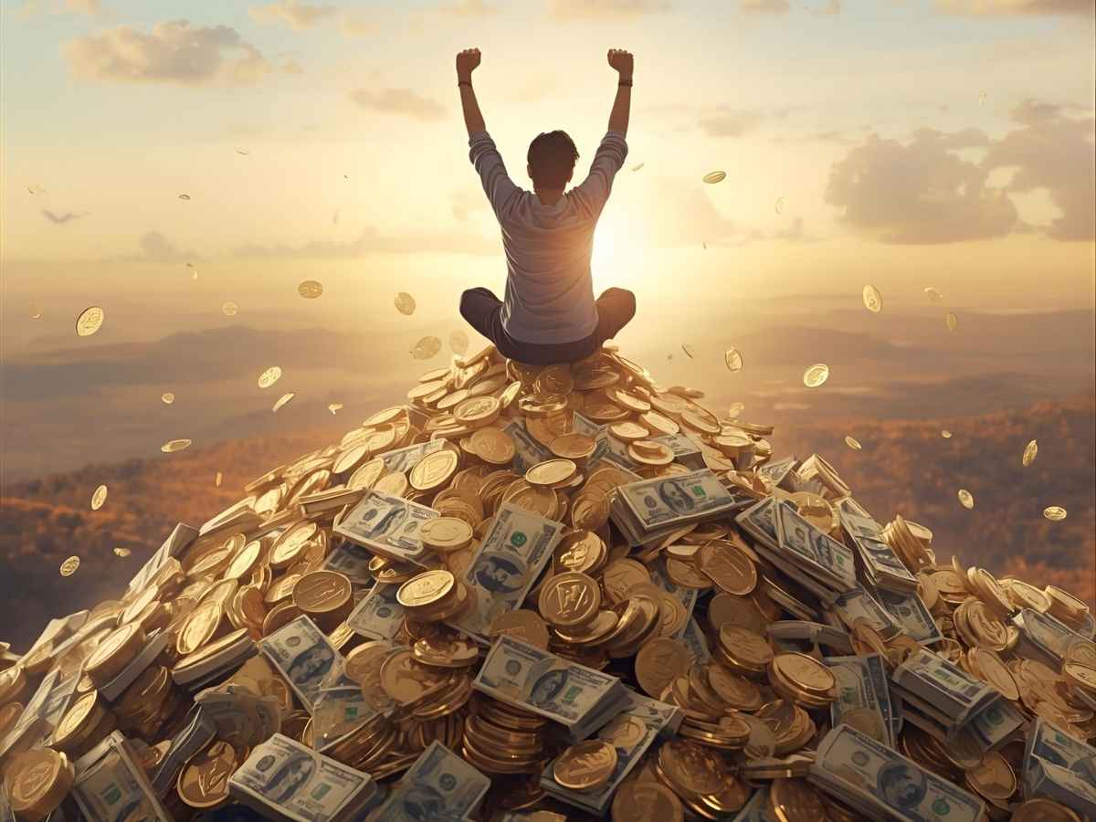 uomo seduto su una montagna di soldi