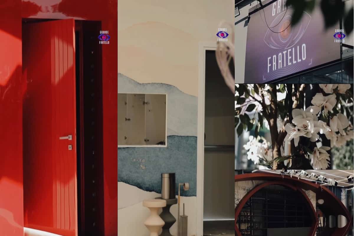 porta rossa, arredi e piante della casa del grande fratello