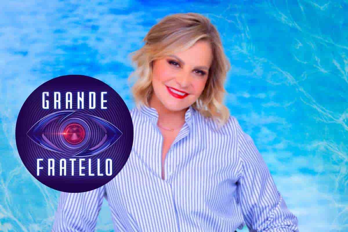 simona ventura sorridente e il logo del grande fratello
