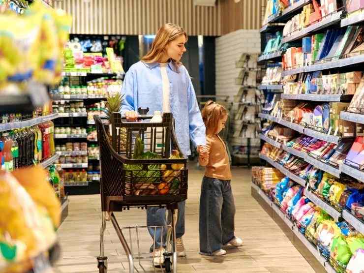 donna con figlia al supermercato