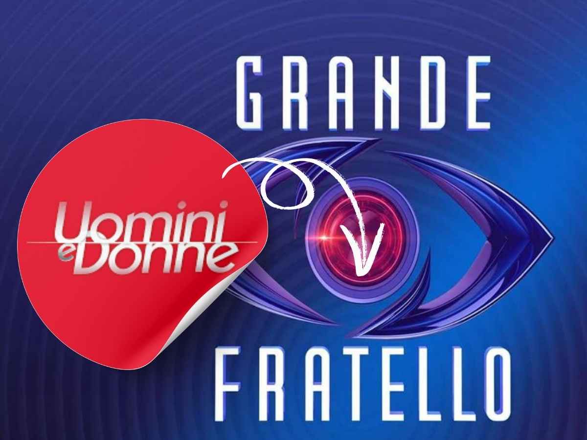 grande fratello logo sullo sfondo, bollino uomini e donne in primo piano