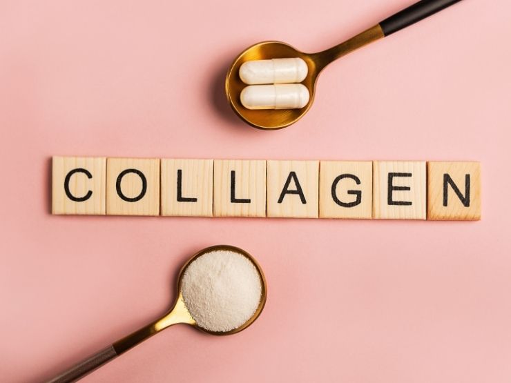 scritta collagen, pasticche e creme sopra cucchiaini