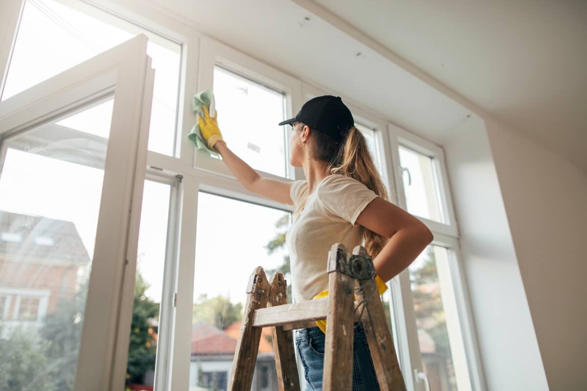 donna che pulisce vetri