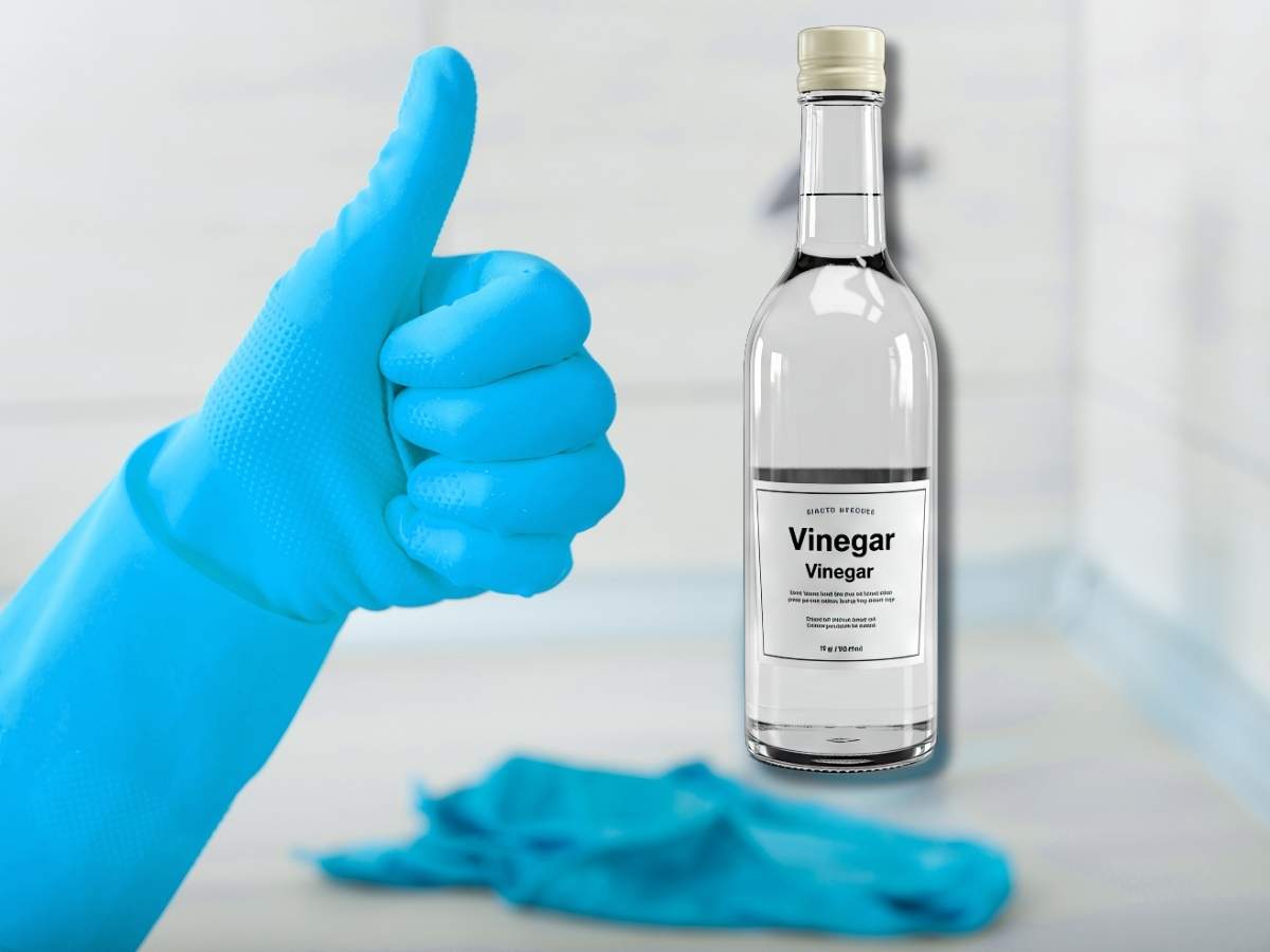 mano con guanto per pulizie che fa ok e bottiglia di aceto bianco accanto