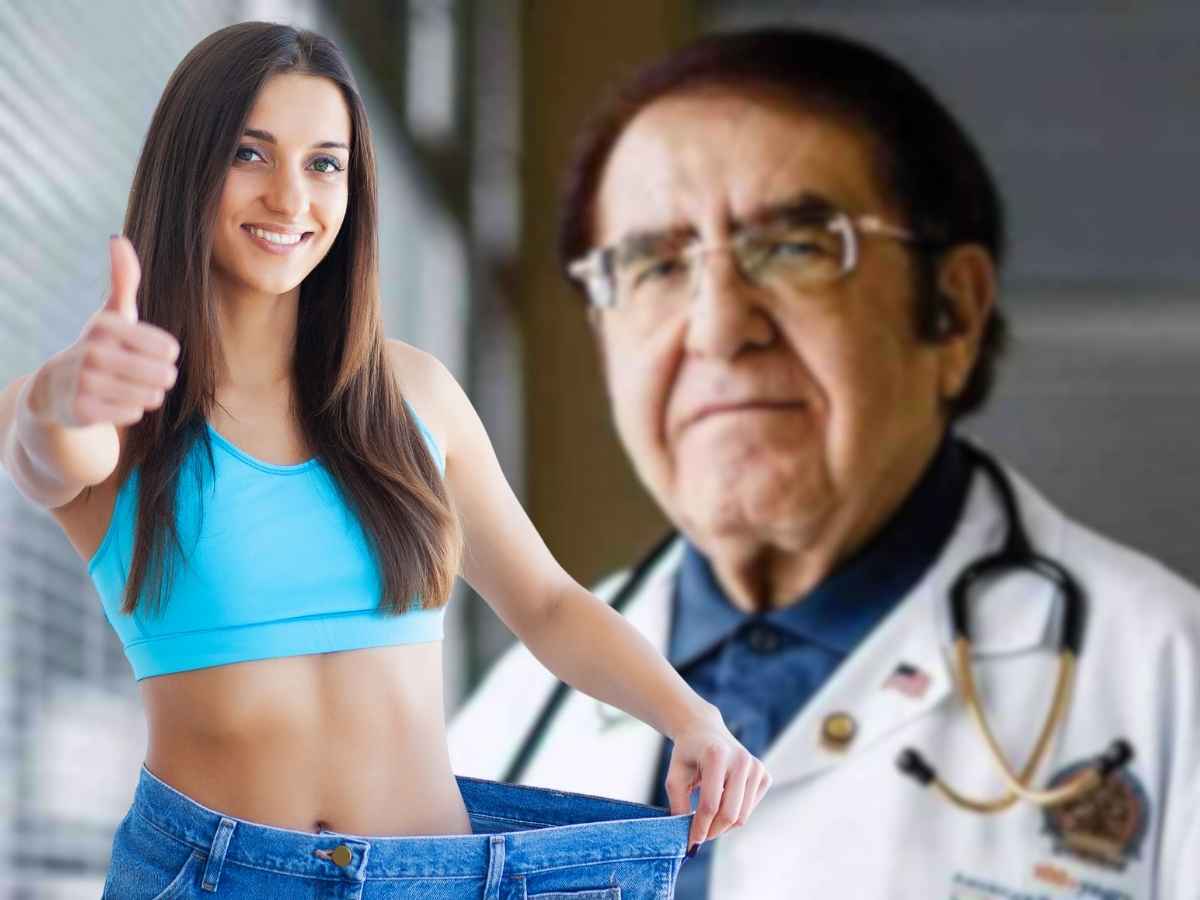 Nowzaradan sfondo, donna che mostra perdita kg in primo piano