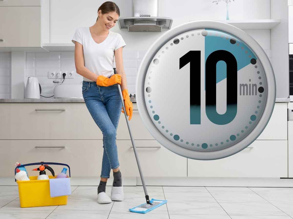 donna pulisce casa e timer 10 minuti