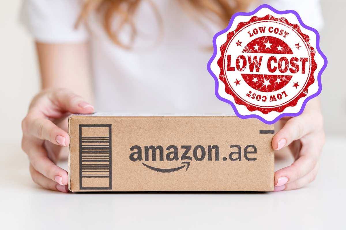 Una donna con in mano un pacchetto Amazon e accanto il timbro del low cost