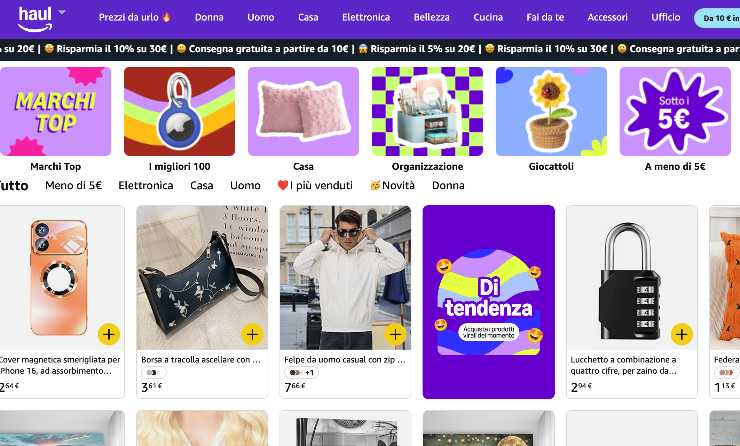 Lo screen del settore Haul di Amazon con alcuni prodotti 