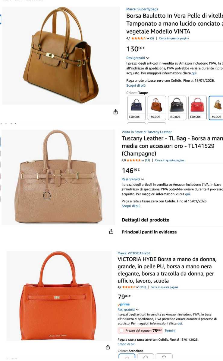 Tre dupe della Birkin negli annunci su Amazon