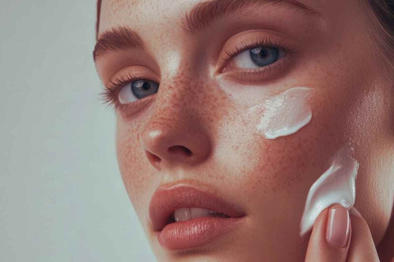 Il volto di una ragazza con della crema bianca sul viso