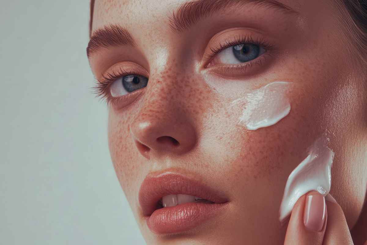 Il volto di una ragazza con della crema bianca sul viso