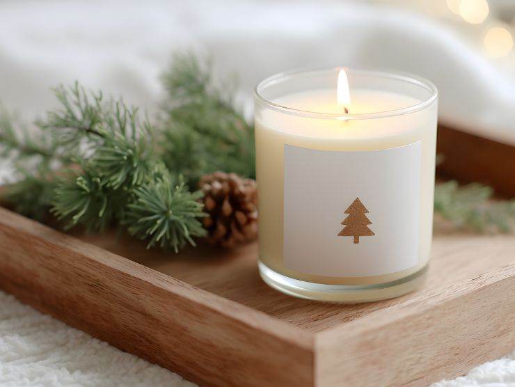 piccolo vassoio di legno con una candela in vetro bianca e un rametto di abete