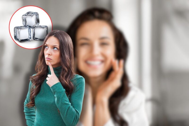 donna che si tocca il viso, cubetti di ghiaccio in icona e un'altra donna che pensa