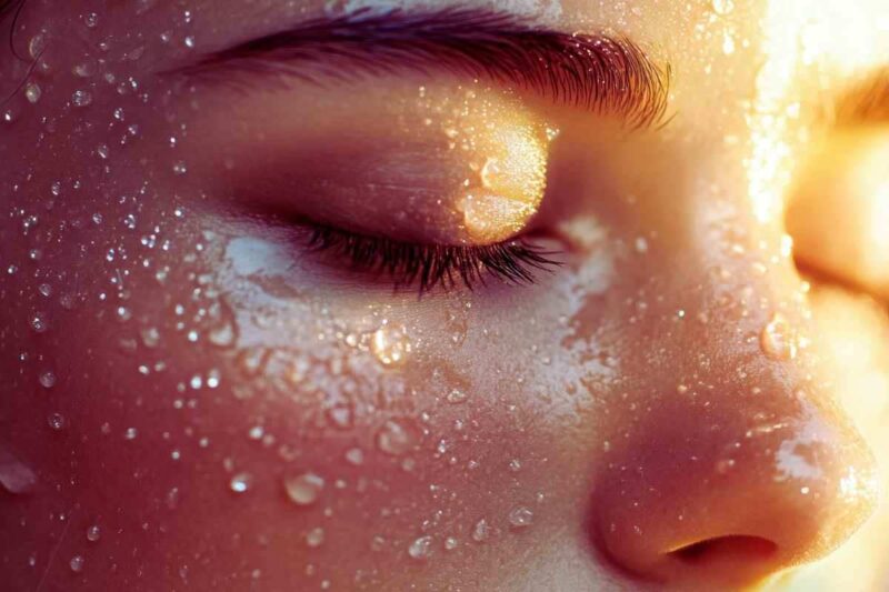 Un volto di un ragazza ricoperto da gocce d'acqua