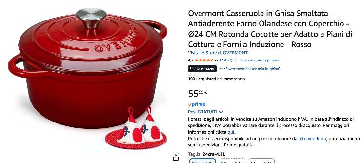 Una padella in ghisa rossa con l'annuncio di Amazon e il prezzo