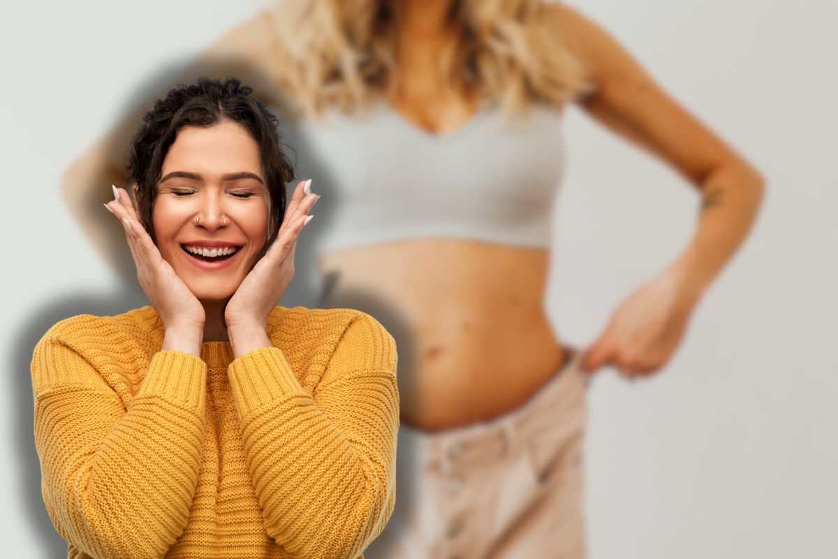 donna con pancia gonfia e pantalone sbottonato e un'altra contenta