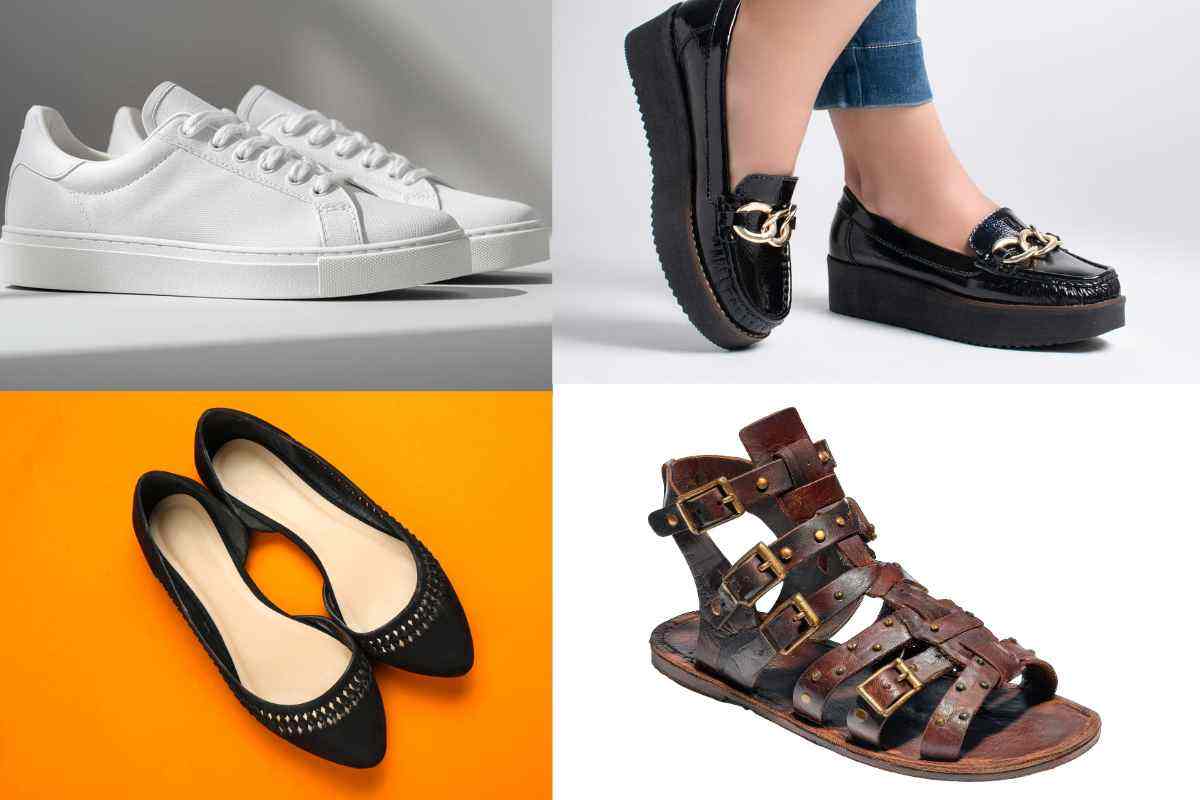 Quattro tipi diversi di scarpe: delle sneakers bianche, dei mocassini, delle ballerine e dei sandali bassi marroni