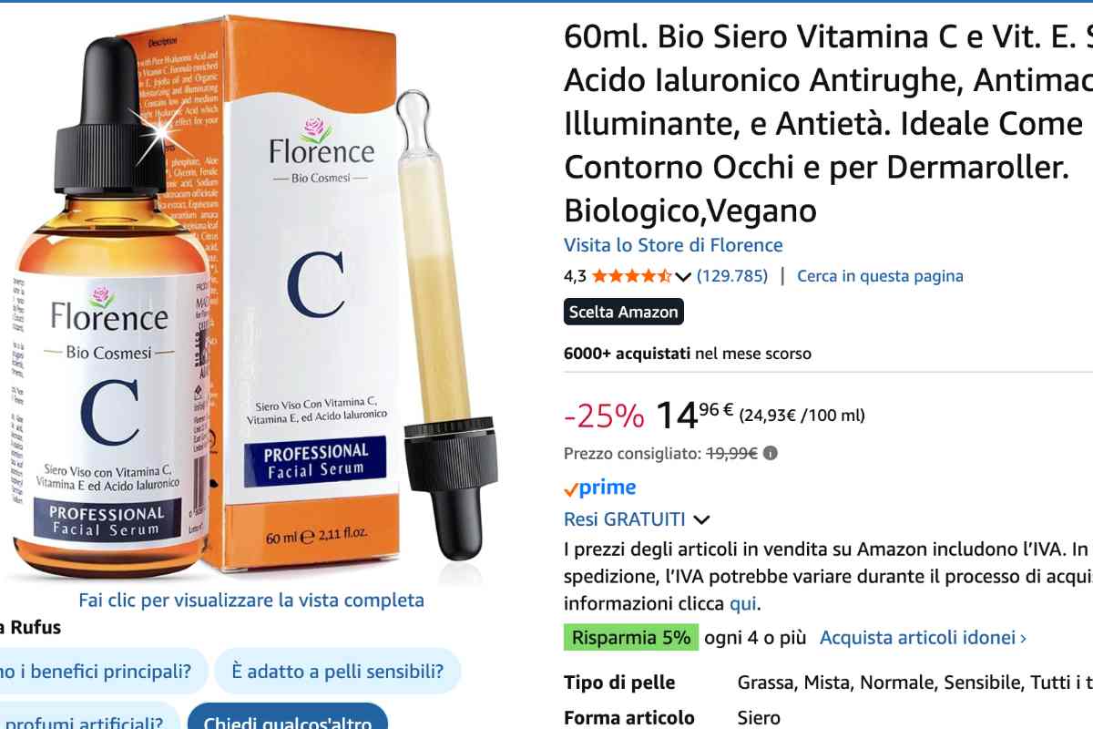 Articolo su Amazon un siero viso alla vitamina C