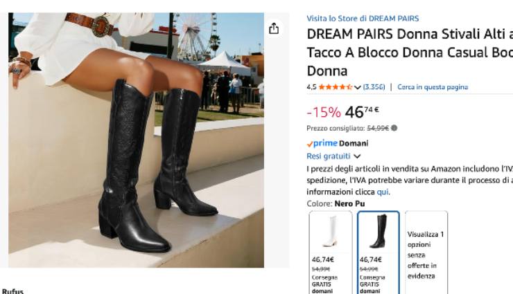 Un annuncio su Amazon che mostra un paio di stivali neri stile cowboy